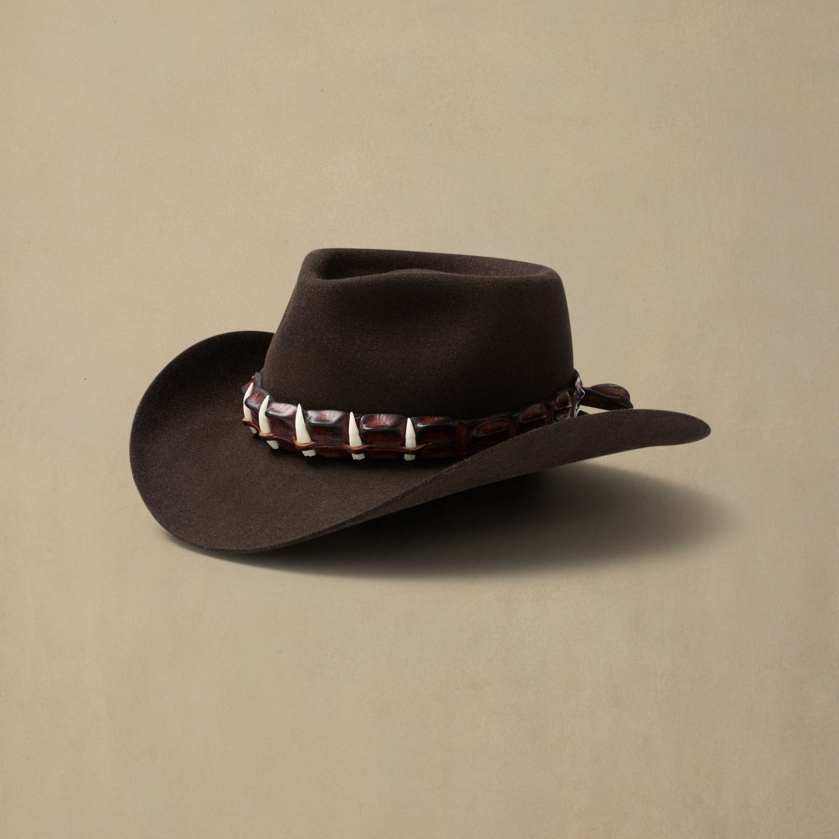 Brown felt cowboy hat with decorative tortoiseshell and silver beaded band, displayed against neutral background