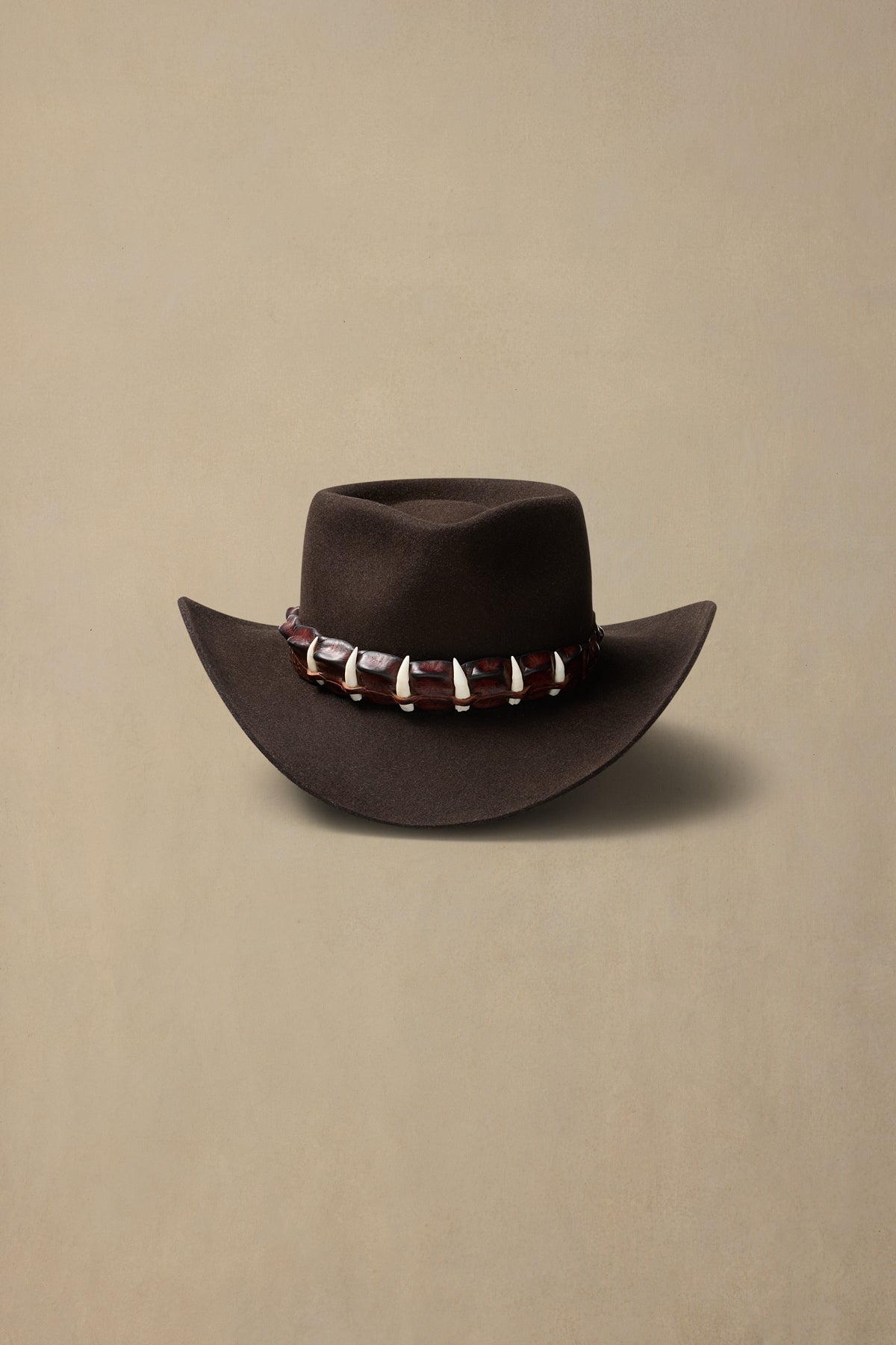 Dark brown fur felt cowboy hat with decorative beaded band against neutral background