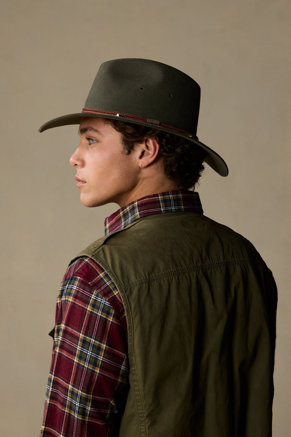 Fern rabbit fur traveller hat with red plaid shirt, side profile view against neutral background