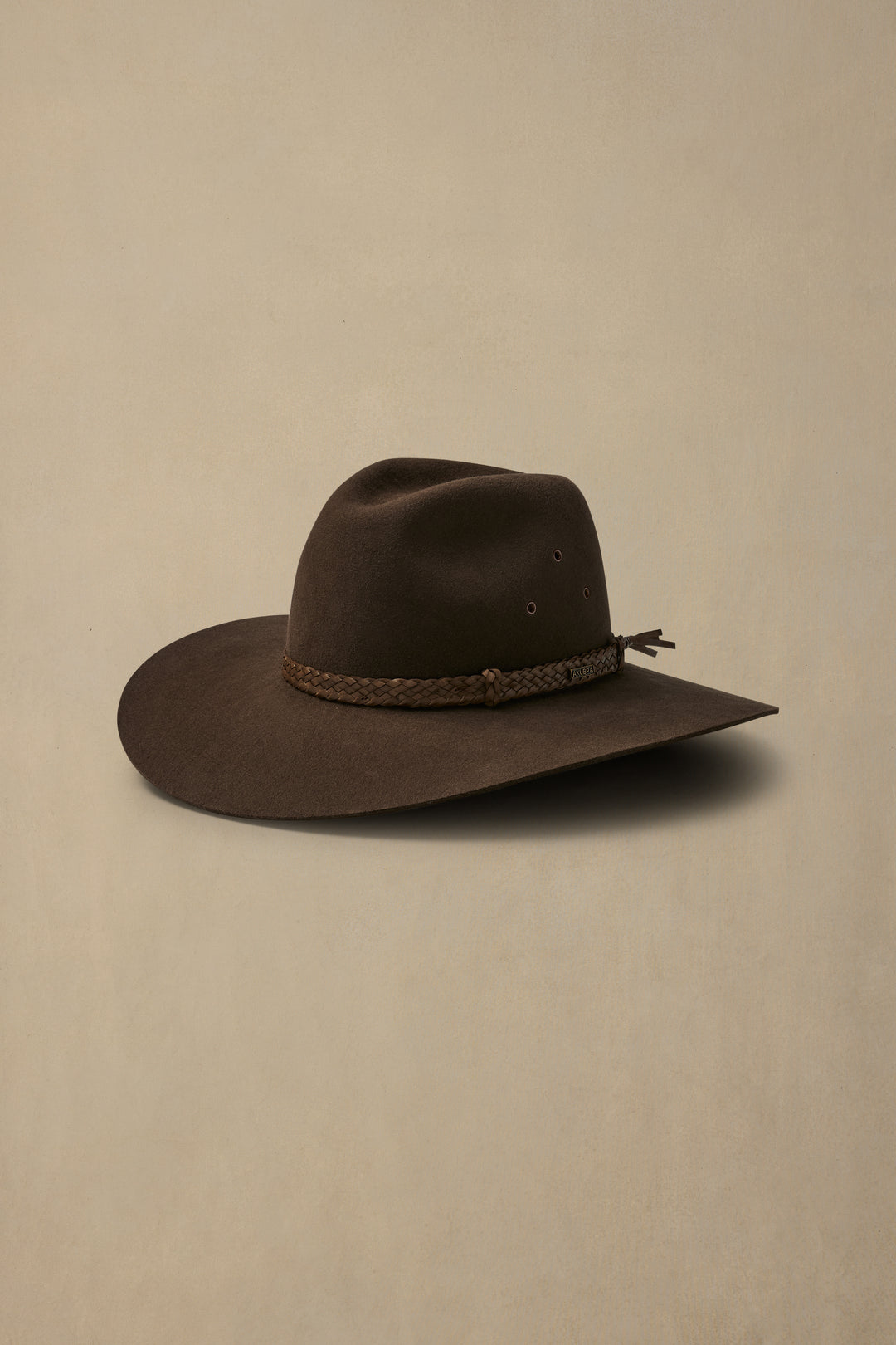 Brown felt hat with wide brim and braided leather band, photographed against neutral beige background