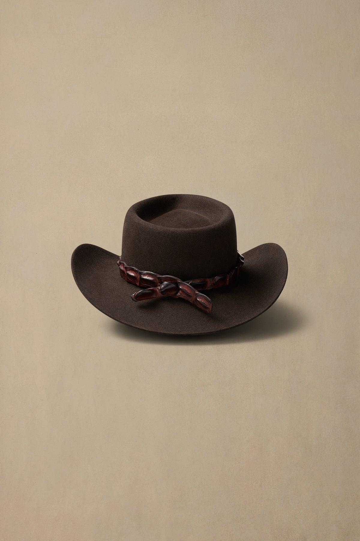 Dark brown felt cowboy hat with braided leather band detail on neutral beige background