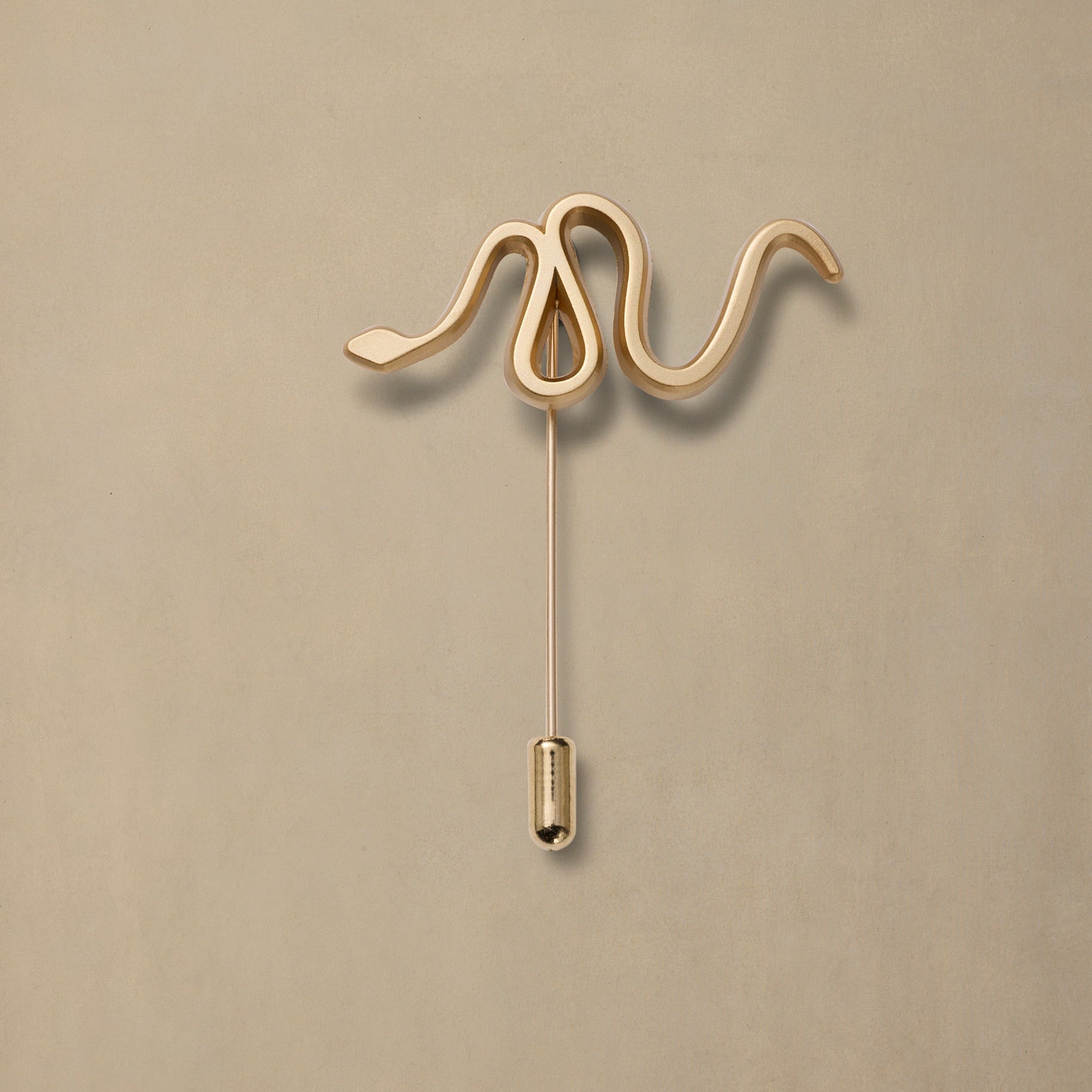 Brass snake-shaped decorative pin with curved body and pointed tail against neutral beige background