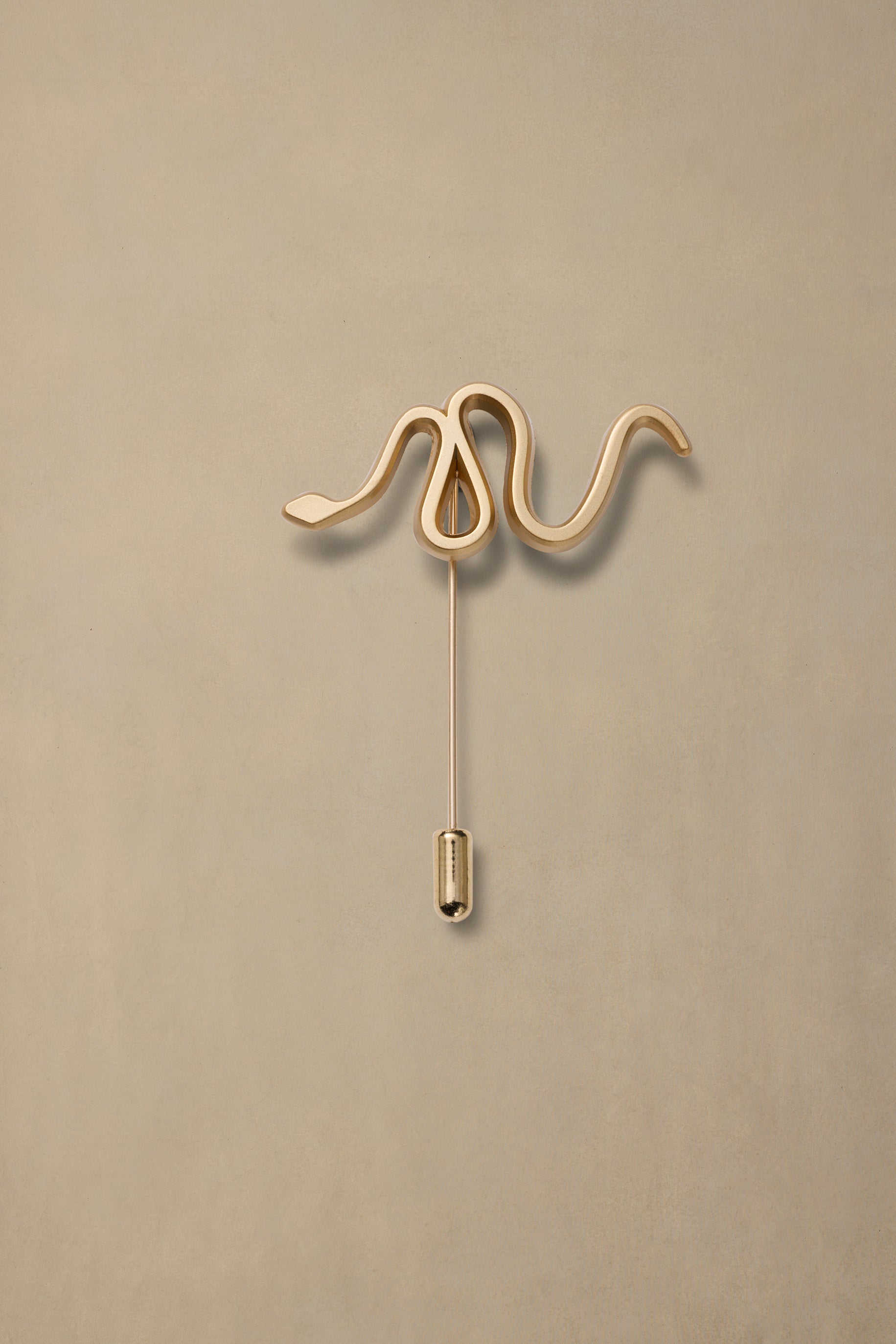 Brass snake-shaped pin with curved body and safety clasp on beige background