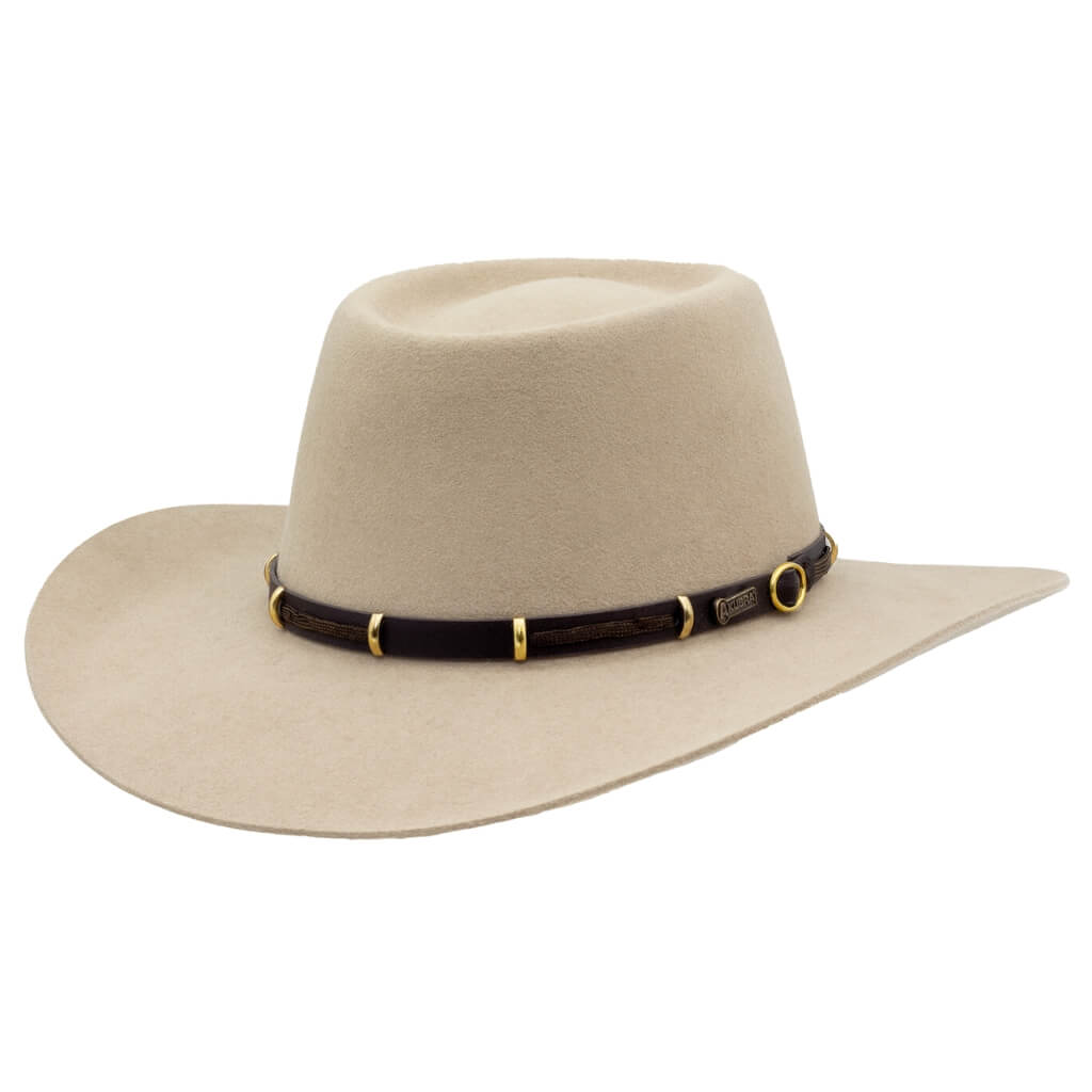 Angle view of Akubra Sand coloured The Boss hat