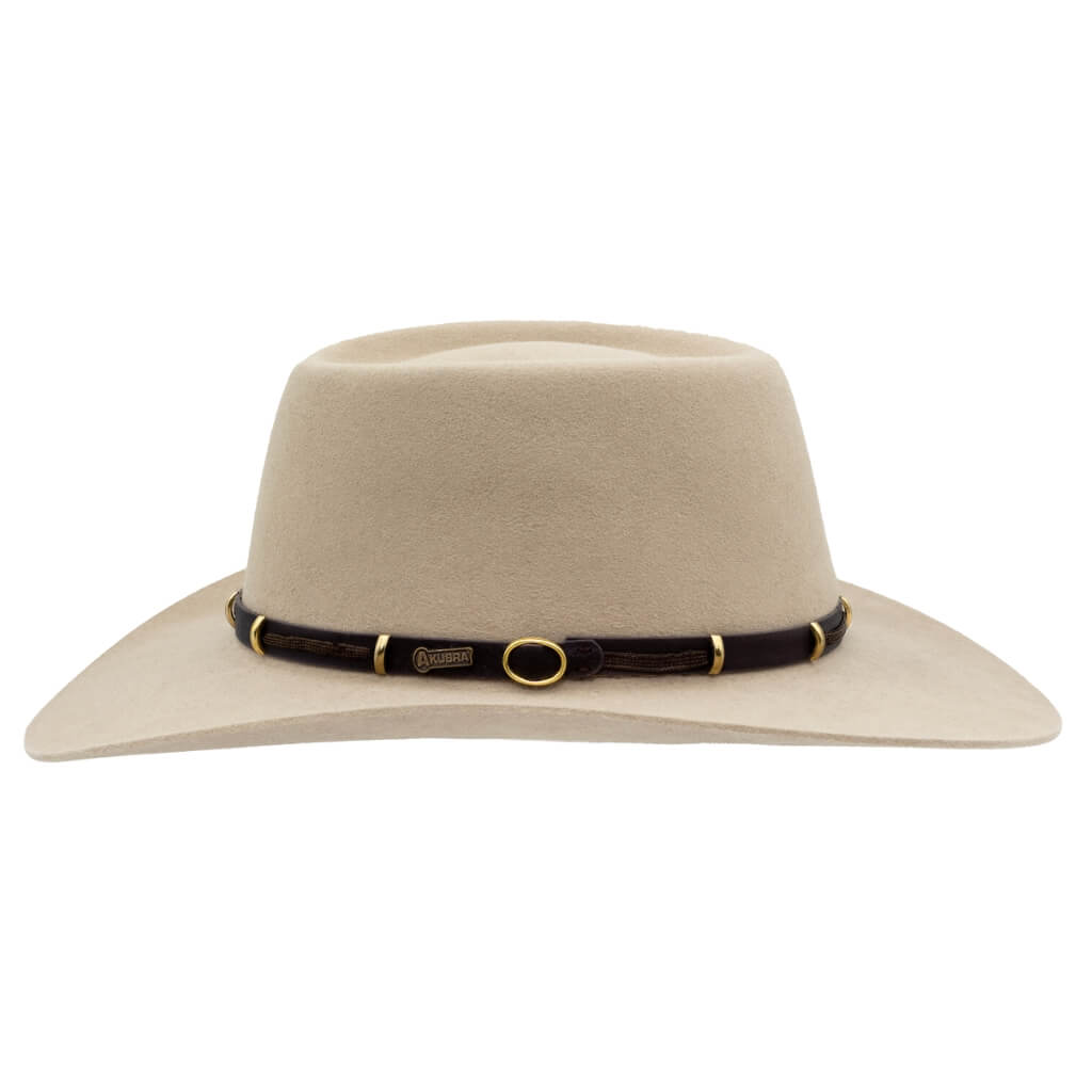 Side view of Akubra Sand coloured The Boss hat