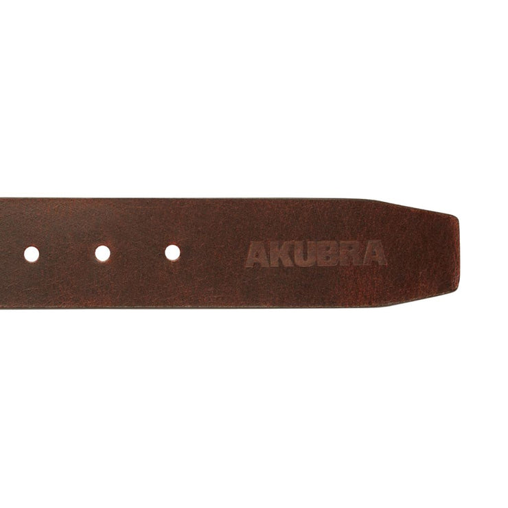 Akubra Muster Belt - Cognac, showing Akubra logo on tail end of the belt.
